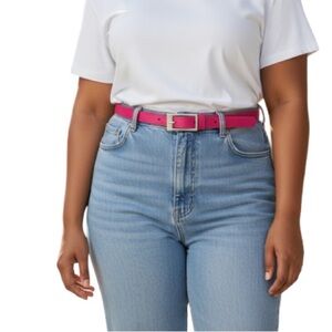 NARROW Barbie Pink Dress Belt Silver Buckle Vegan Grain Leather Size 12